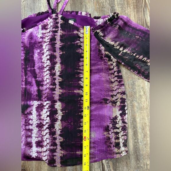 INC International Concepts Cold Shoulder Ruffle Halter Neck Purple Black Shirt - Picture 4 of 10